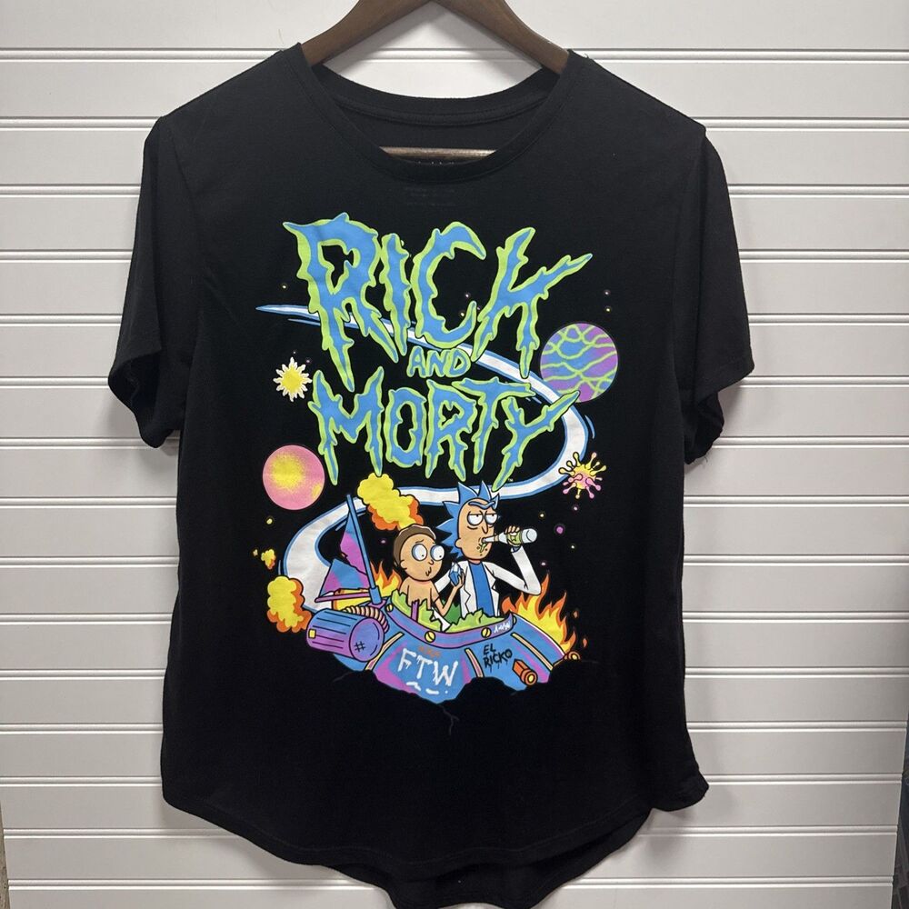 Rick and Morty Neon Spaceship Graphic T Shirt Juniors XXL Black Adult Swim